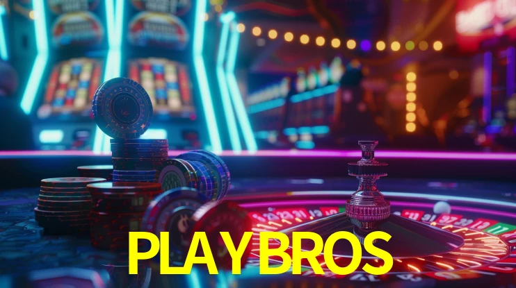 Una escena digital vívida inspirada en casino con PLAYBROS mostrado prominentemente, luces brillantes, fichas, cartas y acentos dorados.